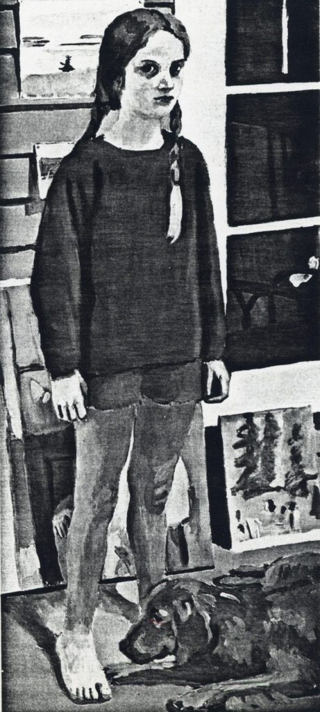 Lizzie and Bruno, 1970, oil on canvas, (60 by 24½ inches). The barefoot teenager is Porter’s youngest daughter. A truant blonde braid is temporarily located on the front of her sweatshirt. An arrangement of watercolors and still wet canvases lean on the wall behind her. Porter often chronicled scenes of domestic life, children growing up. Private collection Dr. and Mrs. Joseph M. Del Gaudio