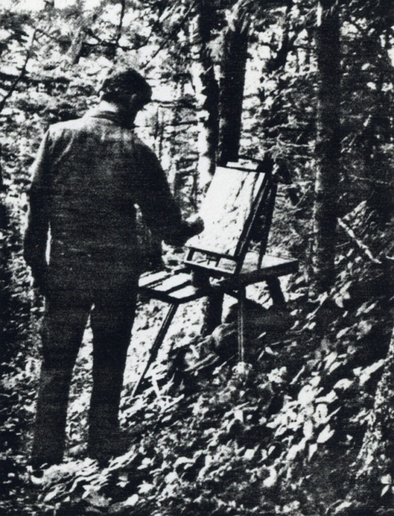 Photograph of Porter painting outdoors. It is estimated that Porter had an output of 2,500 paintings in his long career. When Porter died of a massive heart attack in the backyard of his home in 1975, he was at the height of his painting powers. The converted hayloft that had served as his studio was filled to the rafters with his paintings. Photo credit: Anina Fuller, courtesy Mrs. Fairfield Porter