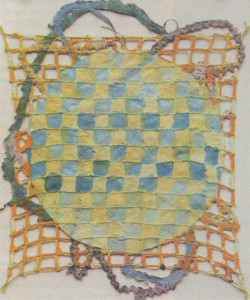 Alan Shields approaches the medium very differently, combining printmaking  collage, and sewing in "Intergalactic Swing", and intricate construction of string, rickrack, and watercolor on handmade paper. 1980-81, Paula Cooper Gallery, New York