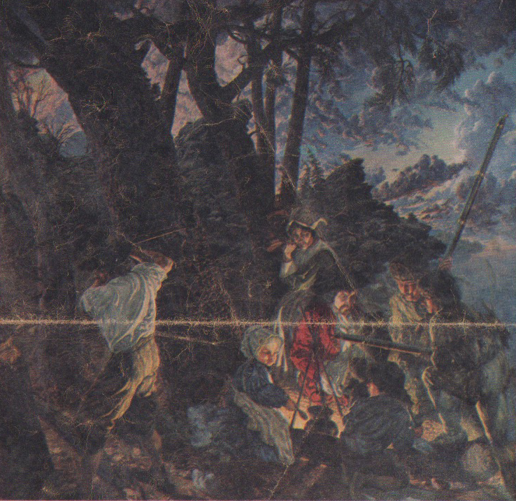 Colonization—Barren of any shelter, the scene at dawn vibrates with danger as two trappers barter with a nervous English Redcoat. His ship—and safety— is visible in the distance. Two children tend to the cooking at a campfire while their mother brings water in a bucket. At the left (Beal's focius is always left of center) a woodchopper is poised to swing his ax against a virgin tree. 