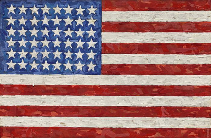 Jasper Johns, Flag, signed and dated 1983 on the reverse, encaustic on silk flag on canvas, 11 5/8  x 17 1/2  inches (29.5 x 44.4 cm), Est. $15/20 million, Sold for $36,005,000