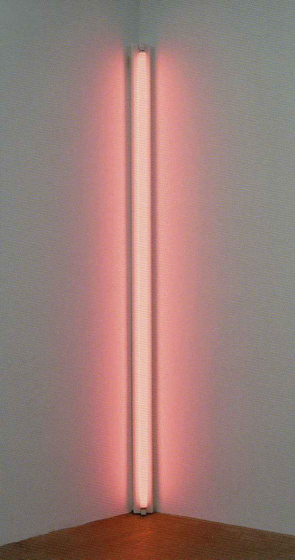 Dan Flavin, Pink Out of a Corner-To Jasper Johns, 1963, Flourescent light and metal fixture, 96 x 72 x 5 inches (243 x 182 x 13 cm), The Museum of Modern Art, Gift of Philip Johnson 