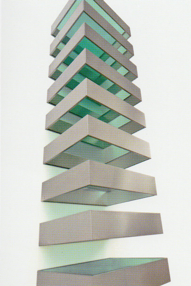 Donald Judd, Untitled (Bernstein 89-1), 1989, (detail) stainless steel and transparent green Plexiglas, 10 units, each 6 x 27 x 24 inches (15 x 68 x 61 cm)