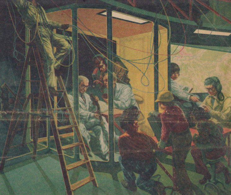 Technology—Night has fallen on the twentieth century, as white-coated technicians study the relics of another age, one of them the branch that lies by the campfire in the first panel. One technician (Jack Beal in self-portrait) fondles a flower pot in which a tree seedling fights for survival. On another level, strands of electrical wire graph the bondage (or is it liberation?) of man to technology. Photographs courtesy of Allan Frumkin Gallery 